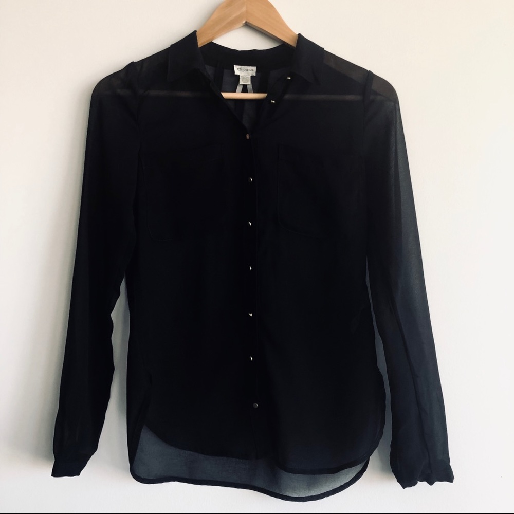 Black Long Sleeve Button Up Sheer Blouse